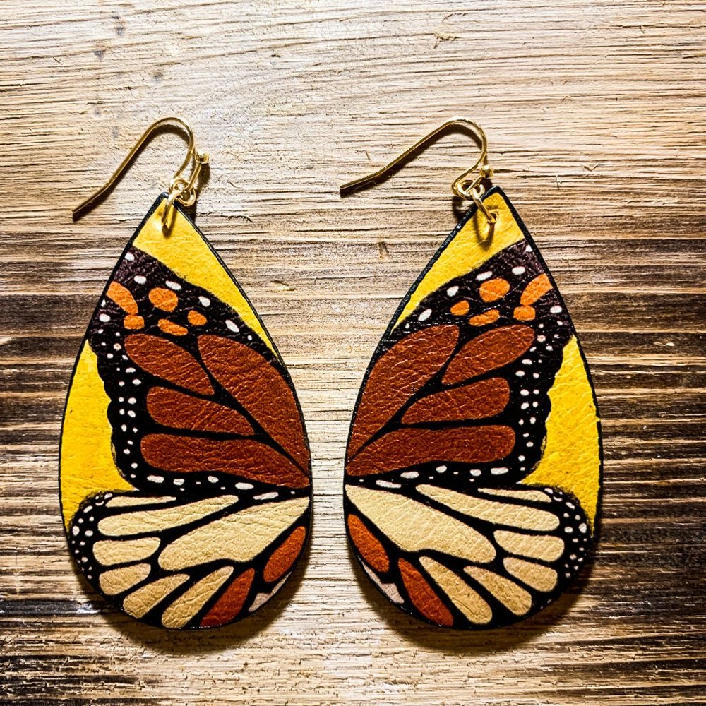 Butterfly Dangle Earrings-Brown and Tan with Yellow background